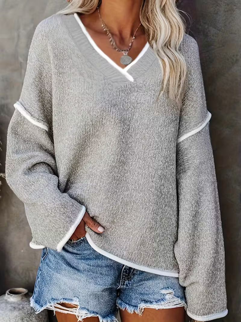 Gwenetta - Casual V-Neck Long Sleeve Sweater