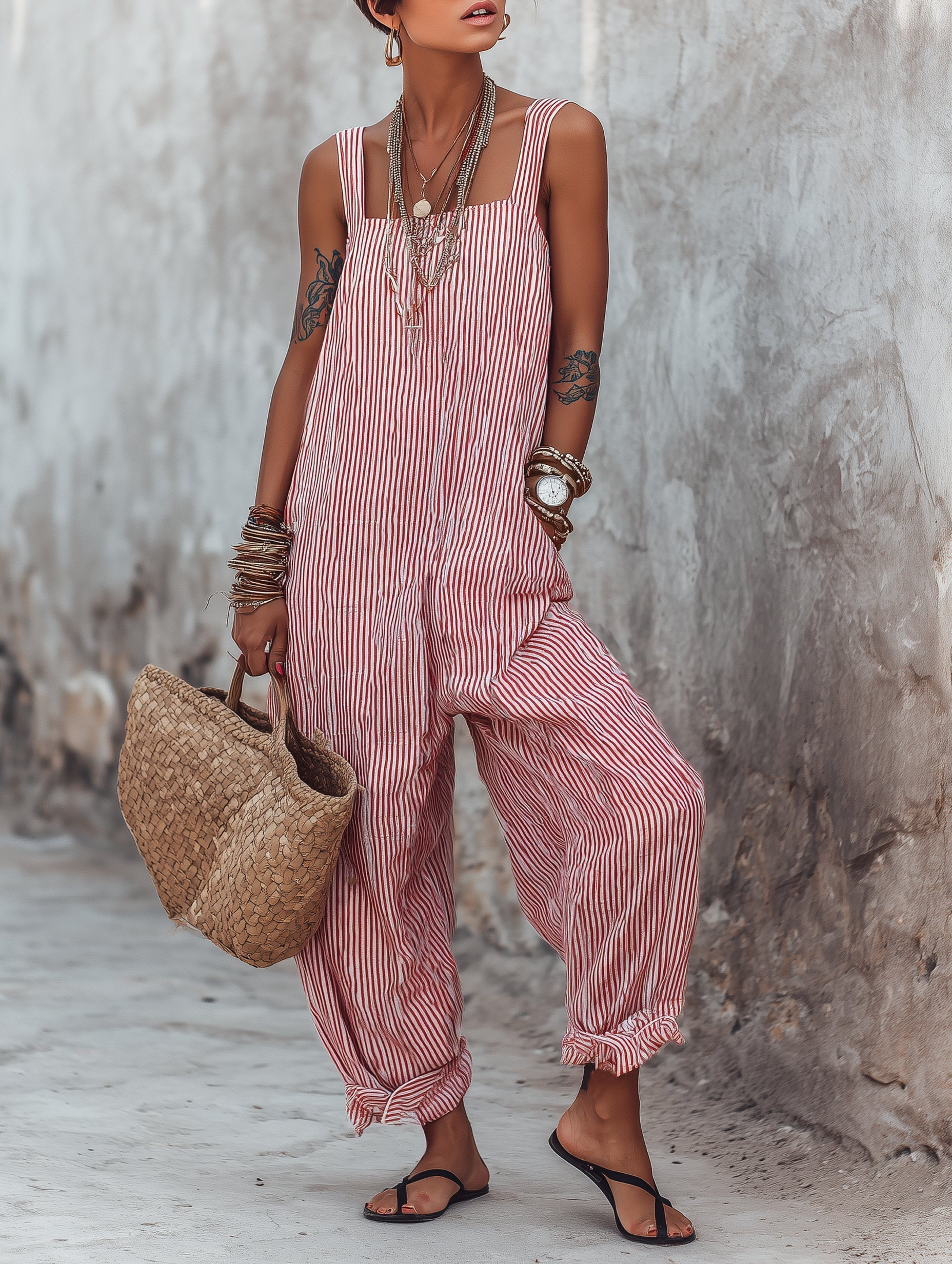 Pheralyn - Women's Loose-fit Jumpsuit with Minimalist Stripes and Square Neck
