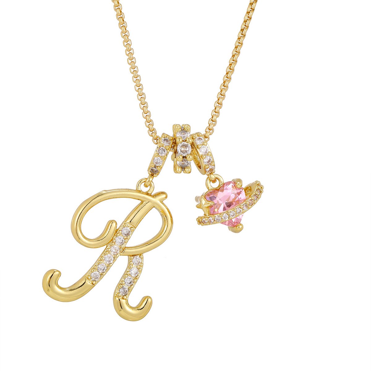 Carmelle - Initial Necklace with Sparkling Pink Heart