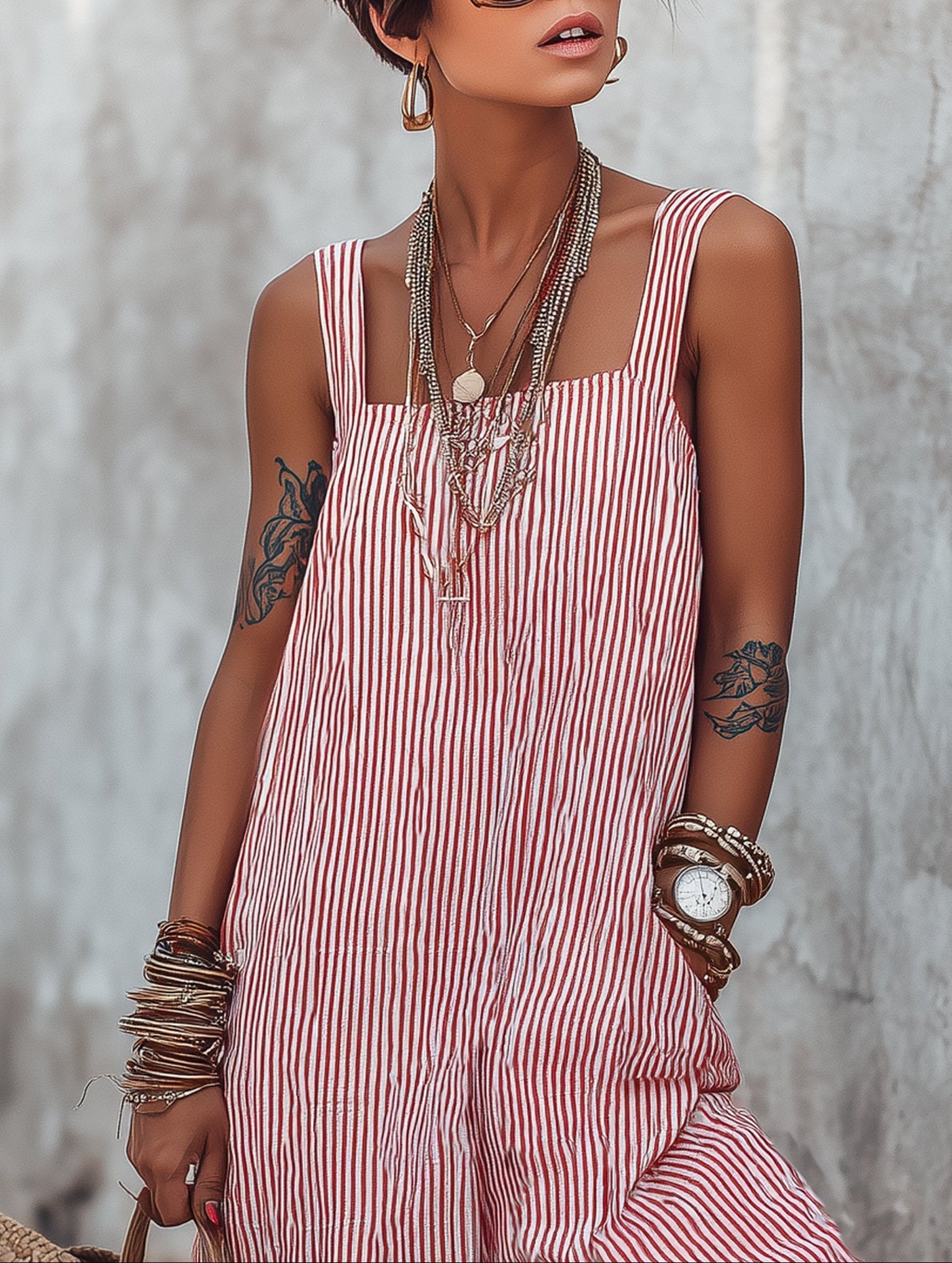 Pheralyn - Women's Loose-fit Jumpsuit with Minimalist Stripes and Square Neck