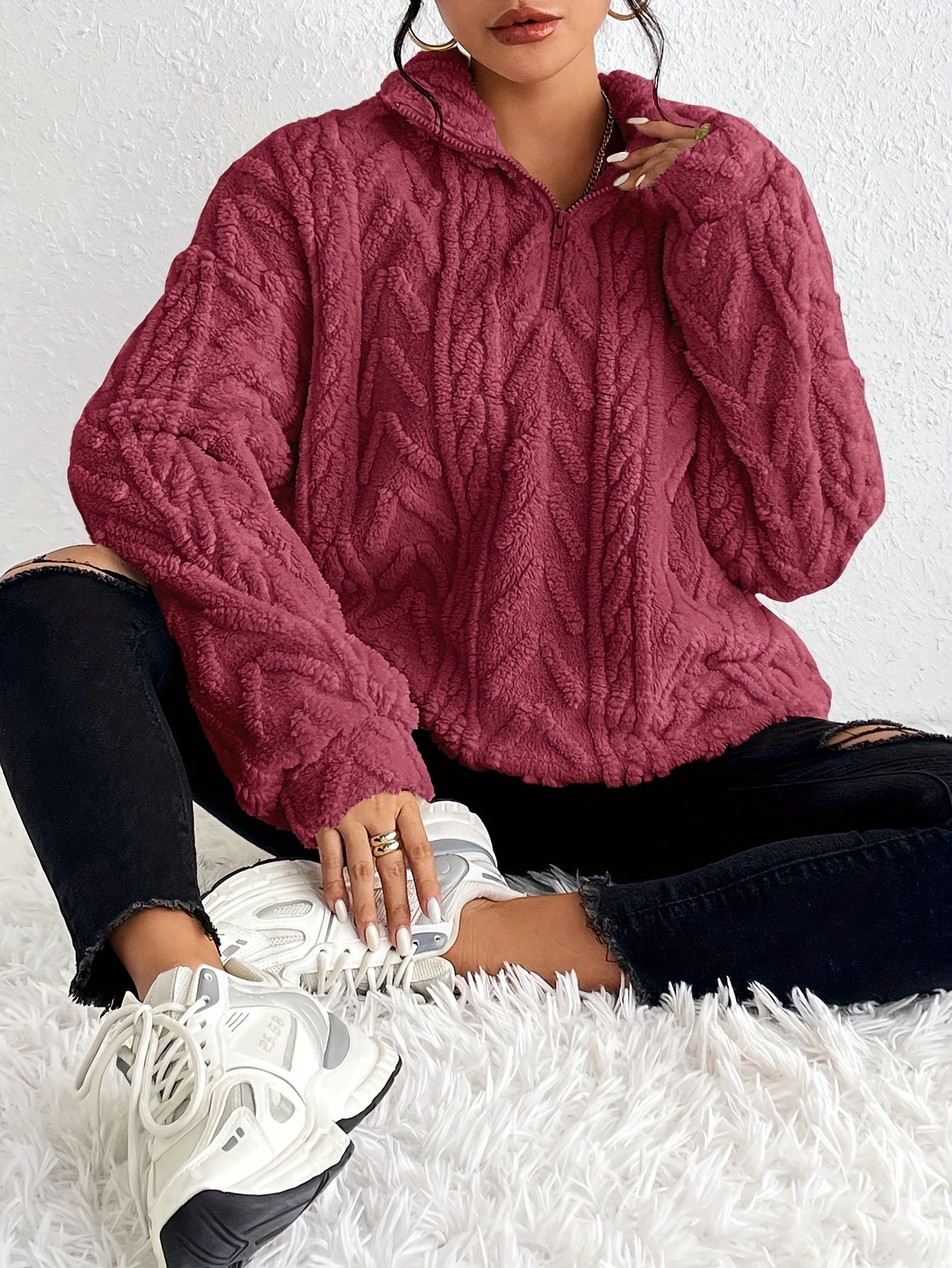 Claudette - Sweatshirt Luxe en Fleece à Tricot Cable