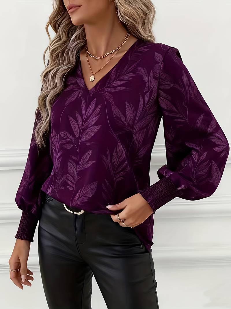 Heliviennea - Elegant Long-Sleeved Blouse with Leaf Print