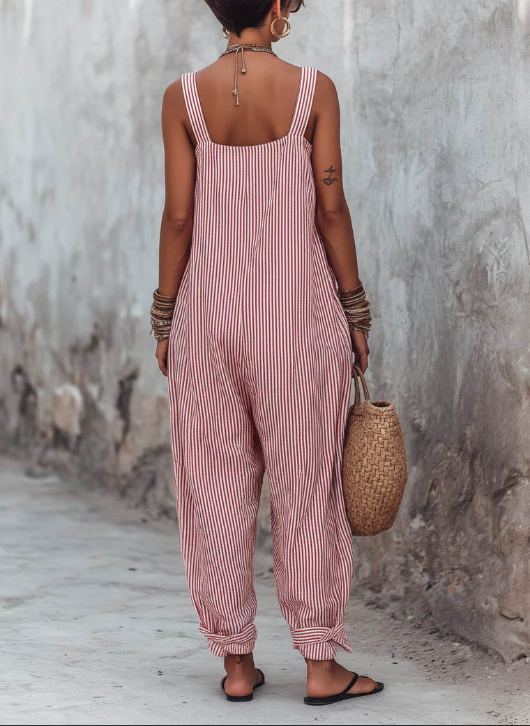 Pheralyn - Women's Loose-fit Jumpsuit with Minimalist Stripes and Square Neck