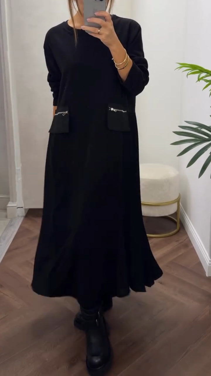 Isenelle - Robe Plissée Décontractée à Col Rond et Poches