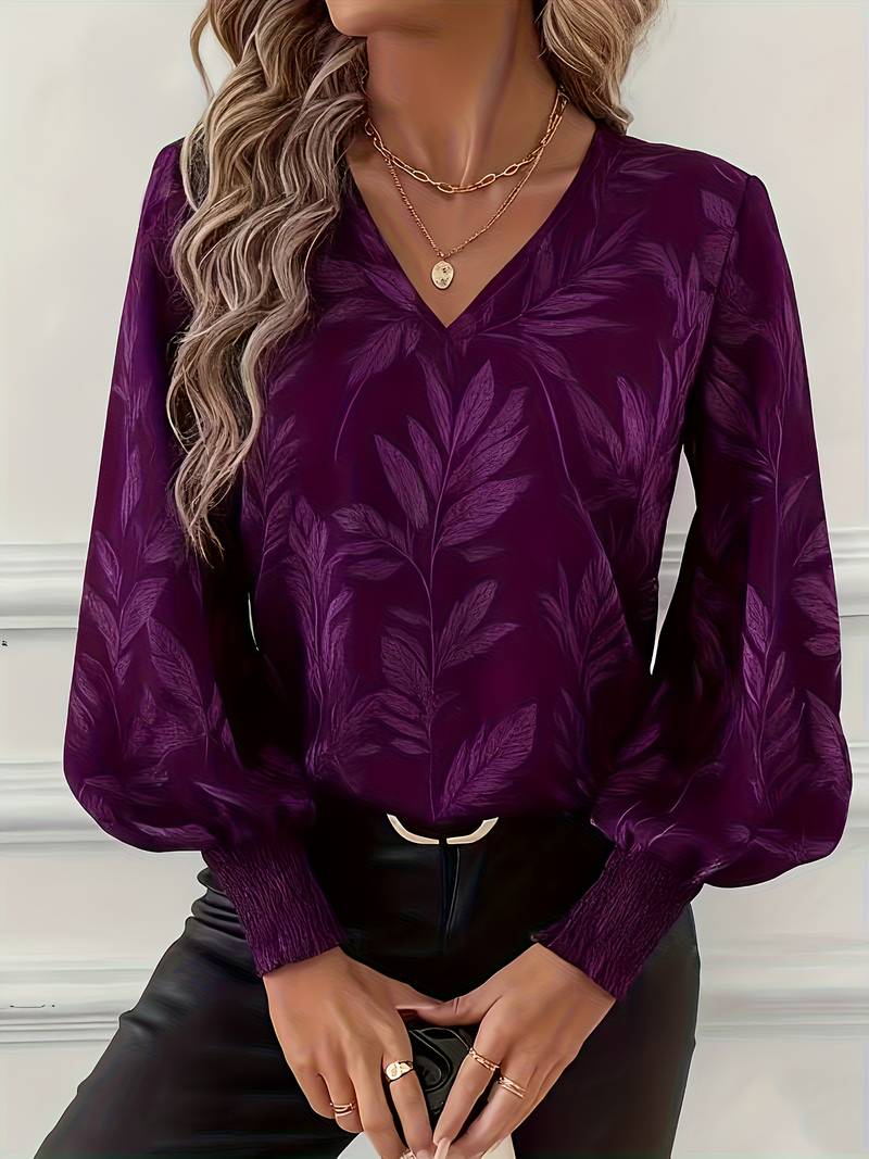 Heliviennea - Elegant Long-Sleeved Blouse with Leaf Print