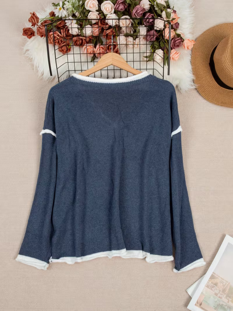 Gwenetta - Casual V-Neck Long Sleeve Sweater