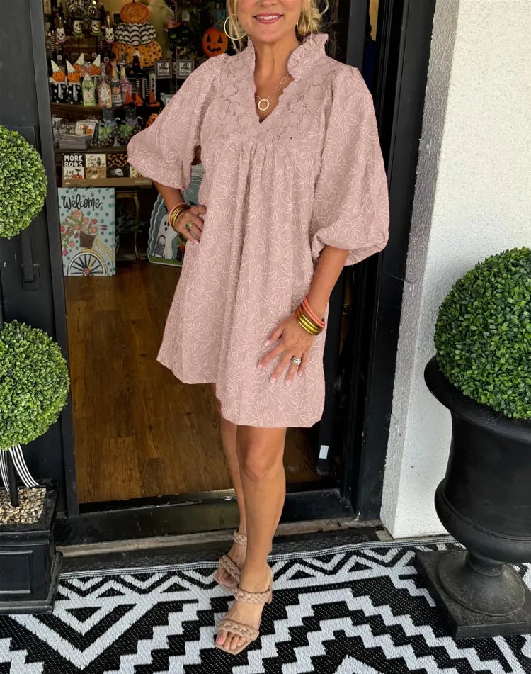 Tesia - Short Jacquard Dress with Puff Sleeves