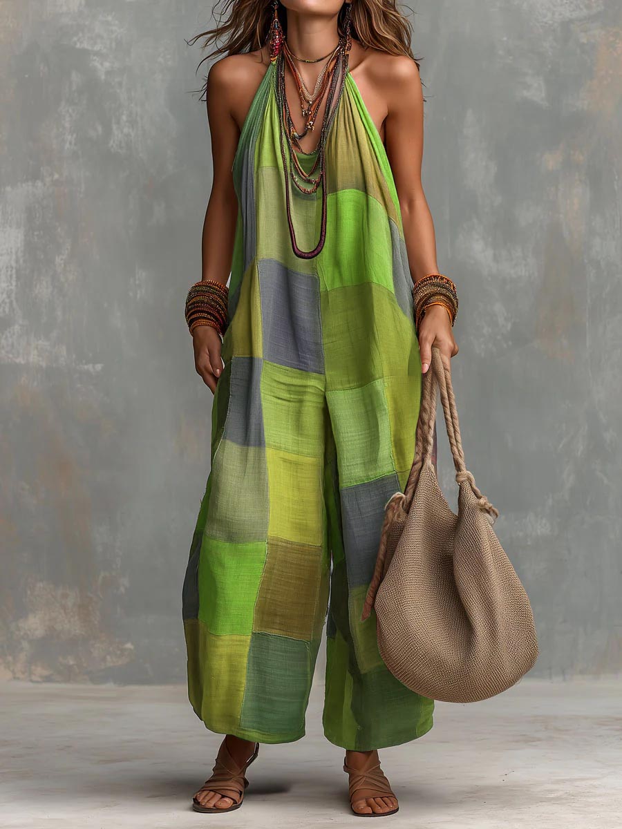 Izzorae - Women's Loose Patchwork Cotton Linen Jumpsuit Summer Beach