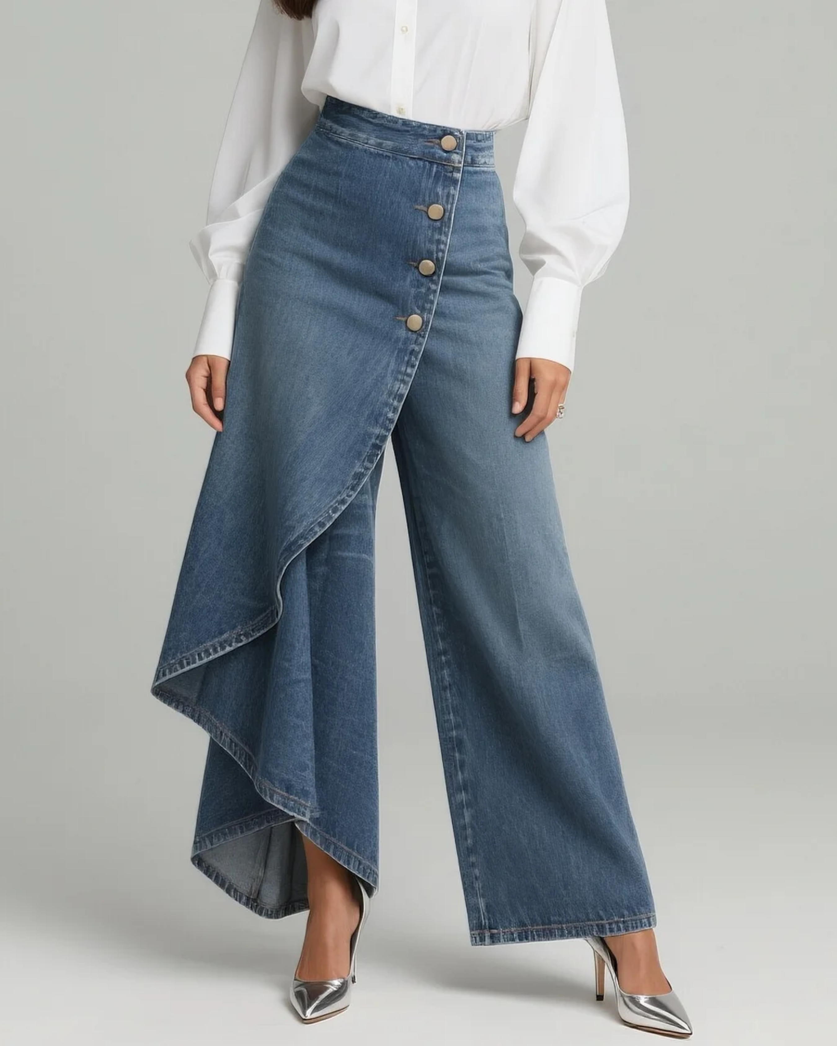 Pavellea - Wide Leg Denim Jeans with Wrap Skirt Effect