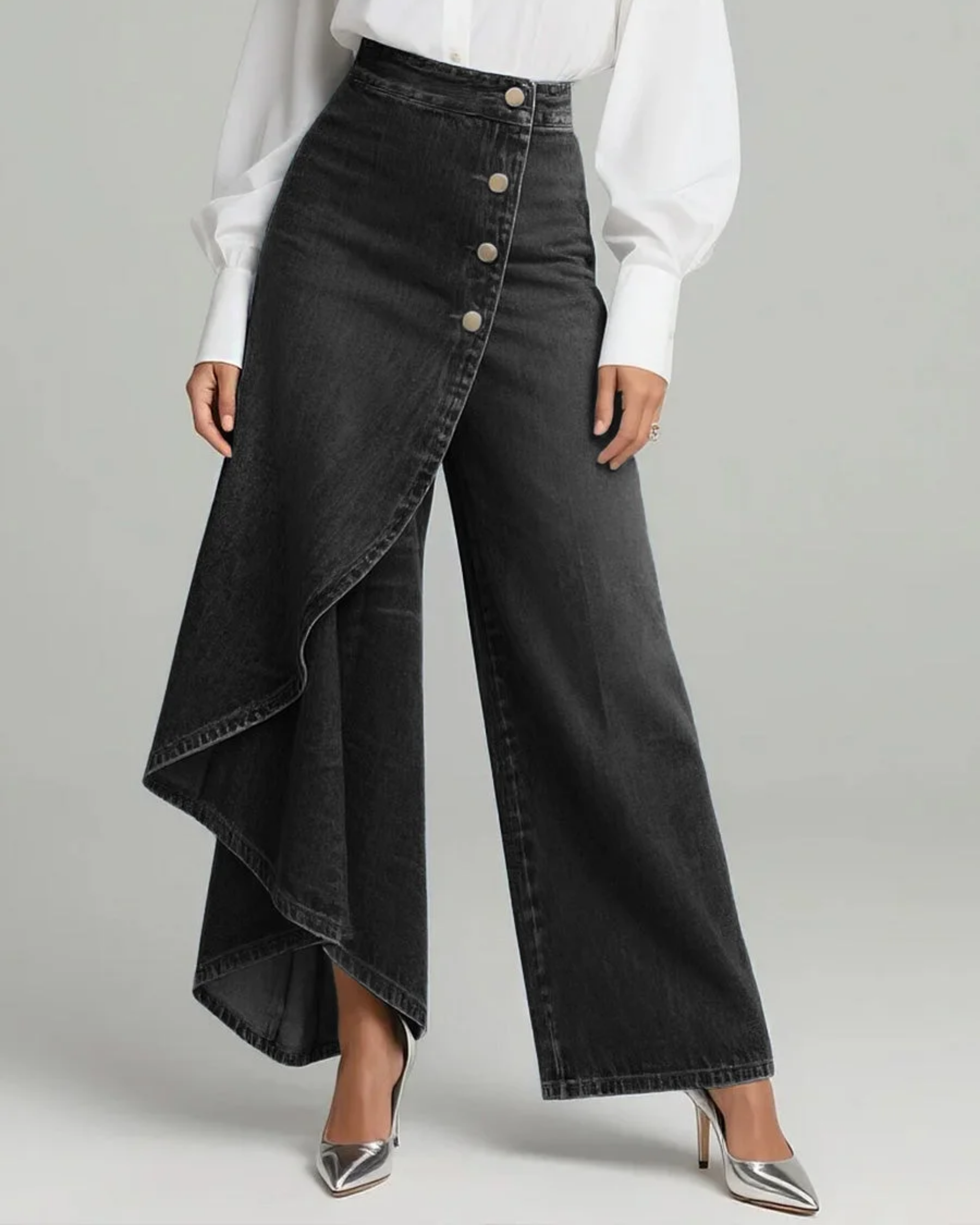 Pavellea - Wide Leg Denim Jeans with Wrap Skirt Effect