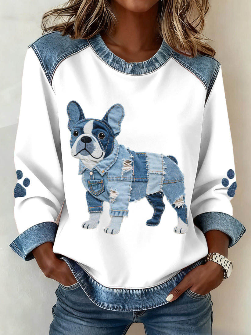 Karianesse - Patchwork Denim Sweatshirt with Dachshund Motif