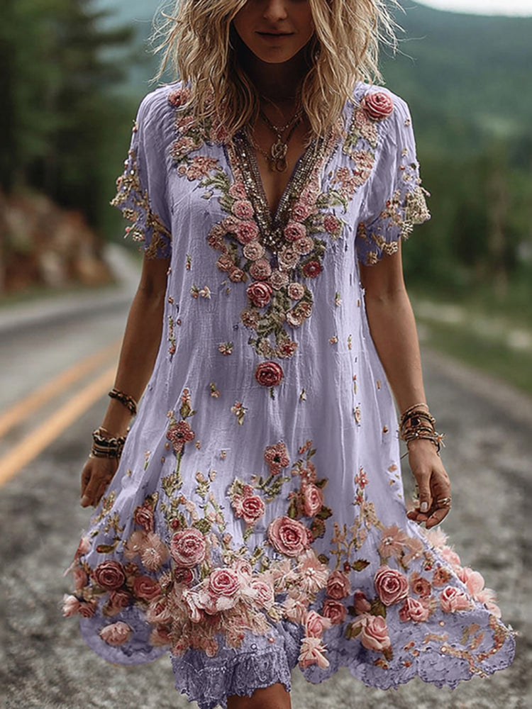 Azalée - Robe Églantine Vintage à Broderies Florales