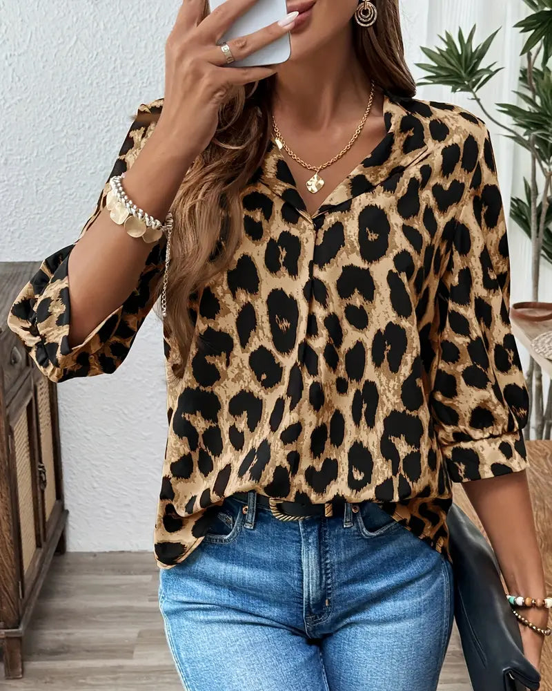 Astoria - Leopard Print Oversized Mid-Length Sleeve Blouse