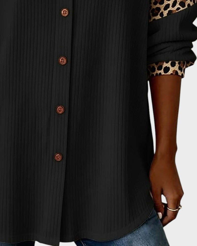 Oralynesse - Two-Tone Button-Down Shirt with Leopard Print Details