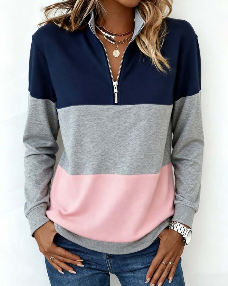 Dorinavelle - Colorblock Zip-Up Sweatshirt for Casual Comfort