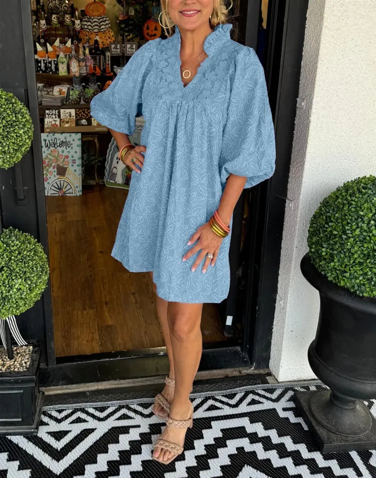 Tesia - Short Jacquard Dress with Puff Sleeves