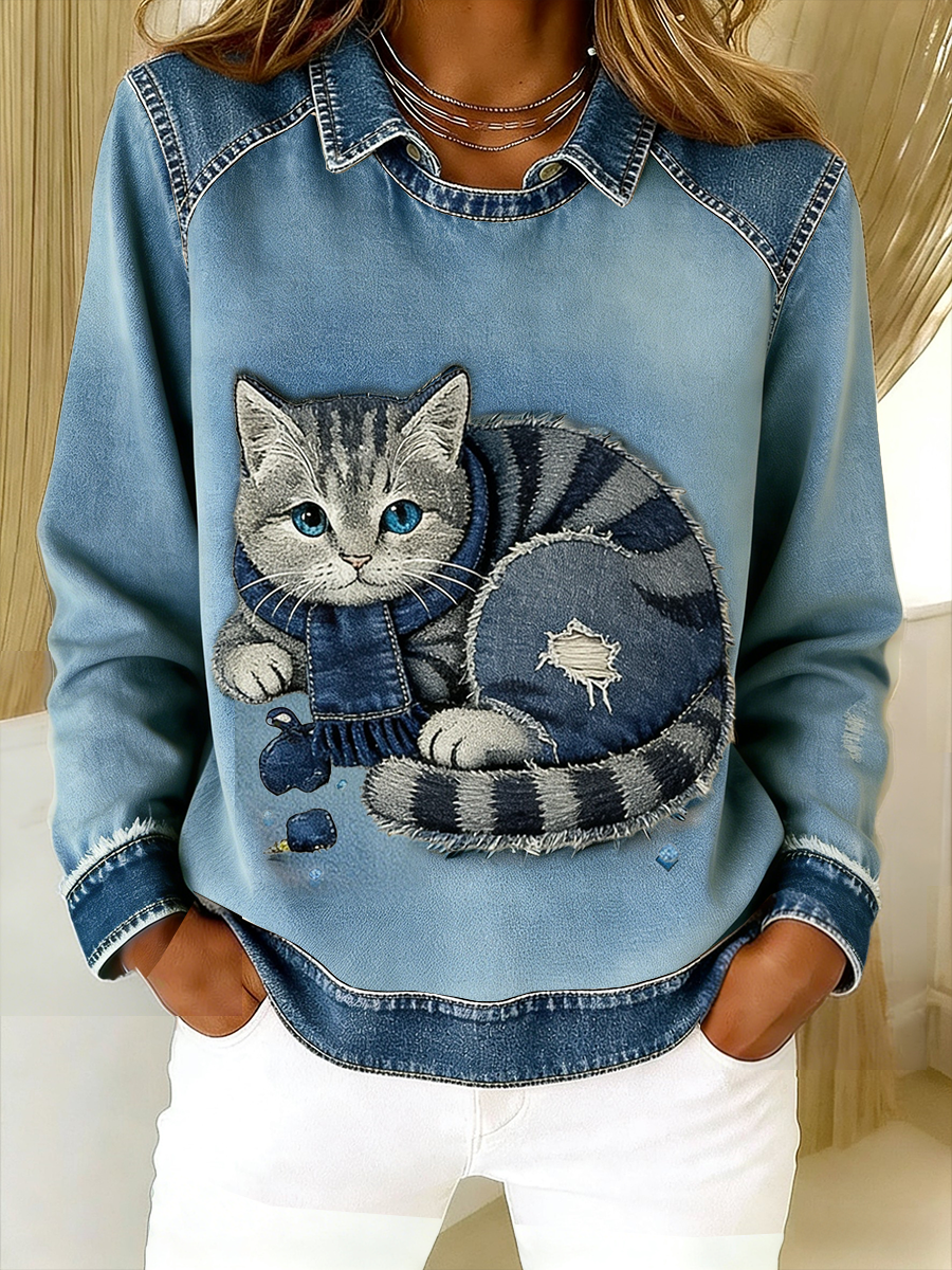Oravellissa - Retro Patchwork Denim Sweatshirt