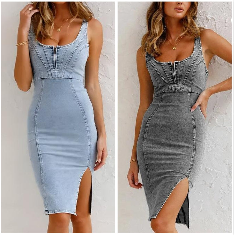 Estelle - Robe Bodycon en Denim à Bretelles Ajustables avec Décolleté U et Fente