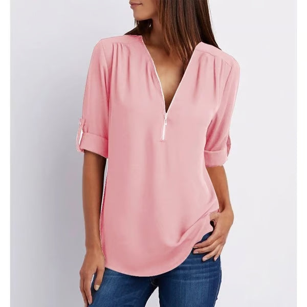 Quelina - Blouse Zippée Ample à Manches 3/4