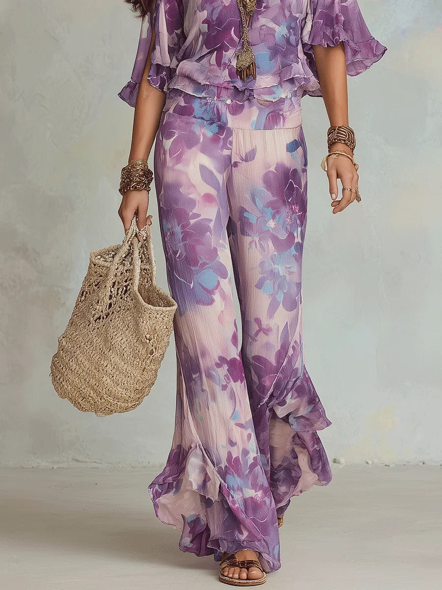 Brynora - Women's Two-Piece Floral V-Neck Top Flared Ruffle Pants