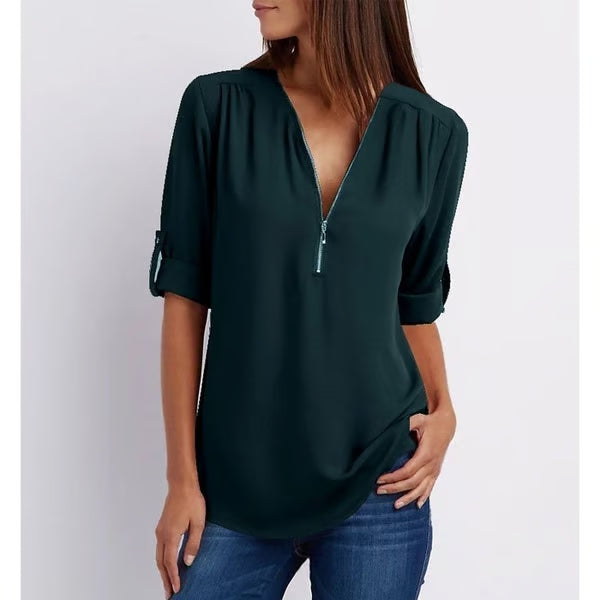 Quelina - Blouse Zippée Ample à Manches 3/4