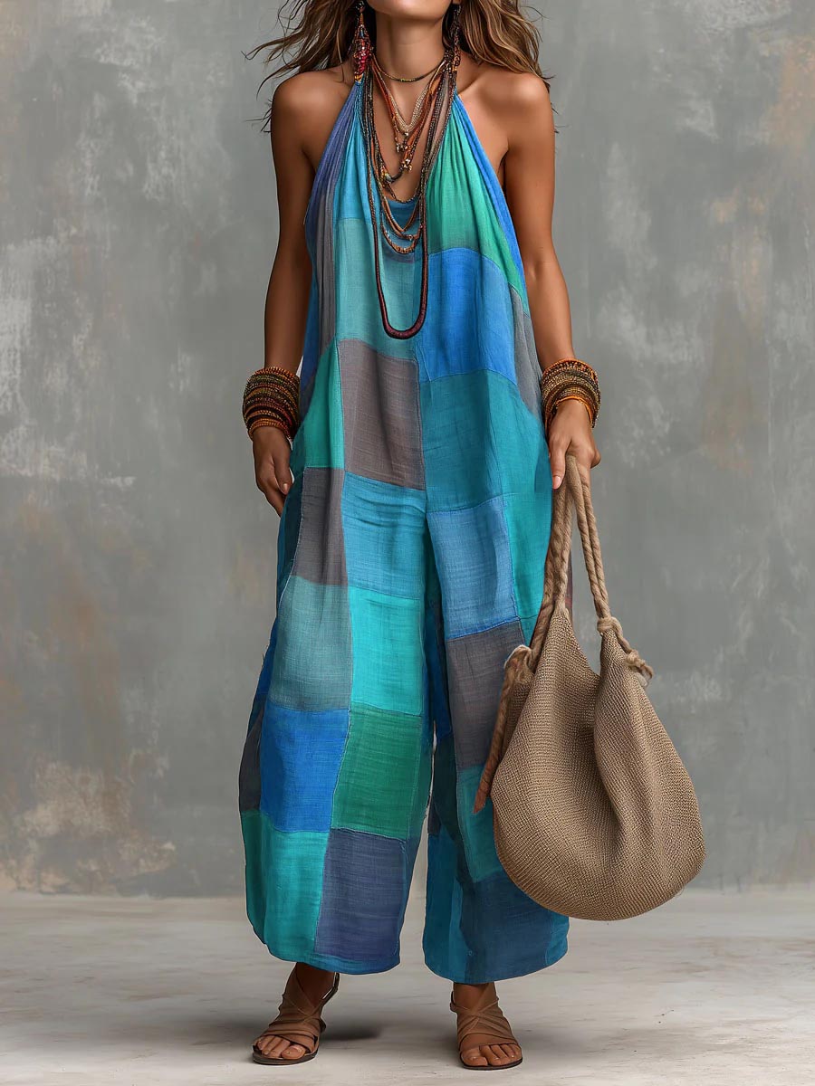 Izzorae - Women's Loose Patchwork Cotton Linen Jumpsuit Summer Beach