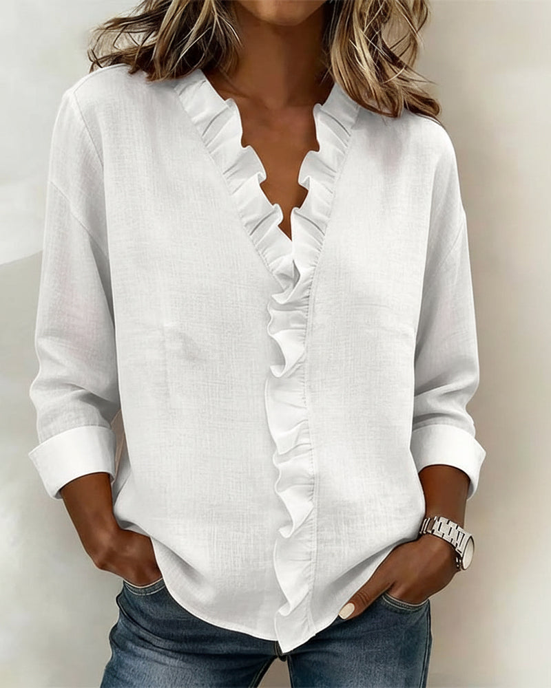 Elissavienne - Elegant Cotton Blouse with Ruffles and V-Neck