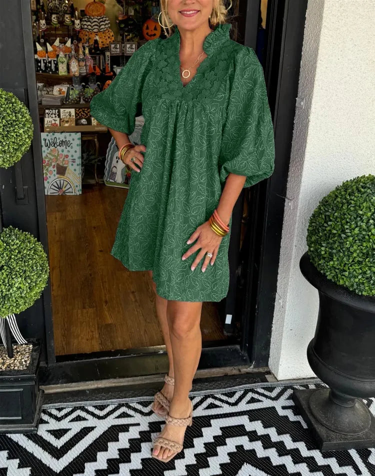 Tesia - Short Jacquard Dress with Puff Sleeves