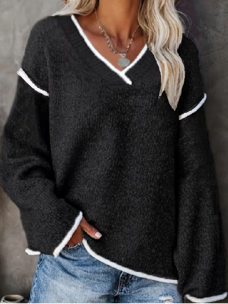Gwenetta - Casual V-Neck Long Sleeve Sweater