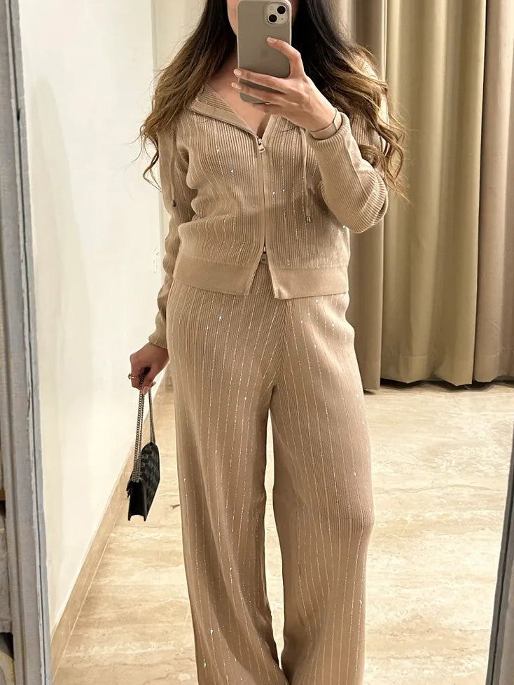 Aglaé - Shiny Silk Knit Hooded Cardigan Set