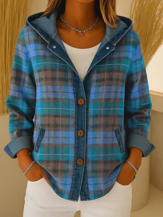 Nadrina - Denim Jacket with Hood and Contrasting Check Pattern