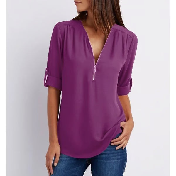 Quelina - Blouse Zippée Ample à Manches 3/4