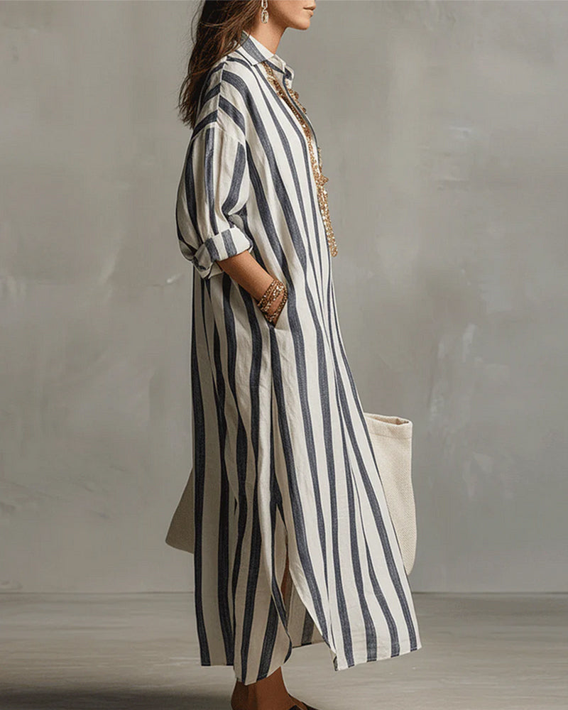 Avenira - Casual Chic Striped Maxi Dress with Notched Collar