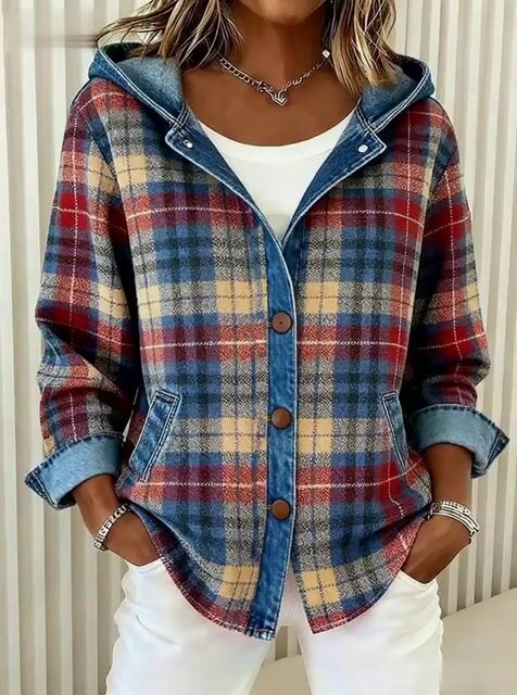 Nadrina - Denim Jacket with Hood and Contrasting Check Pattern