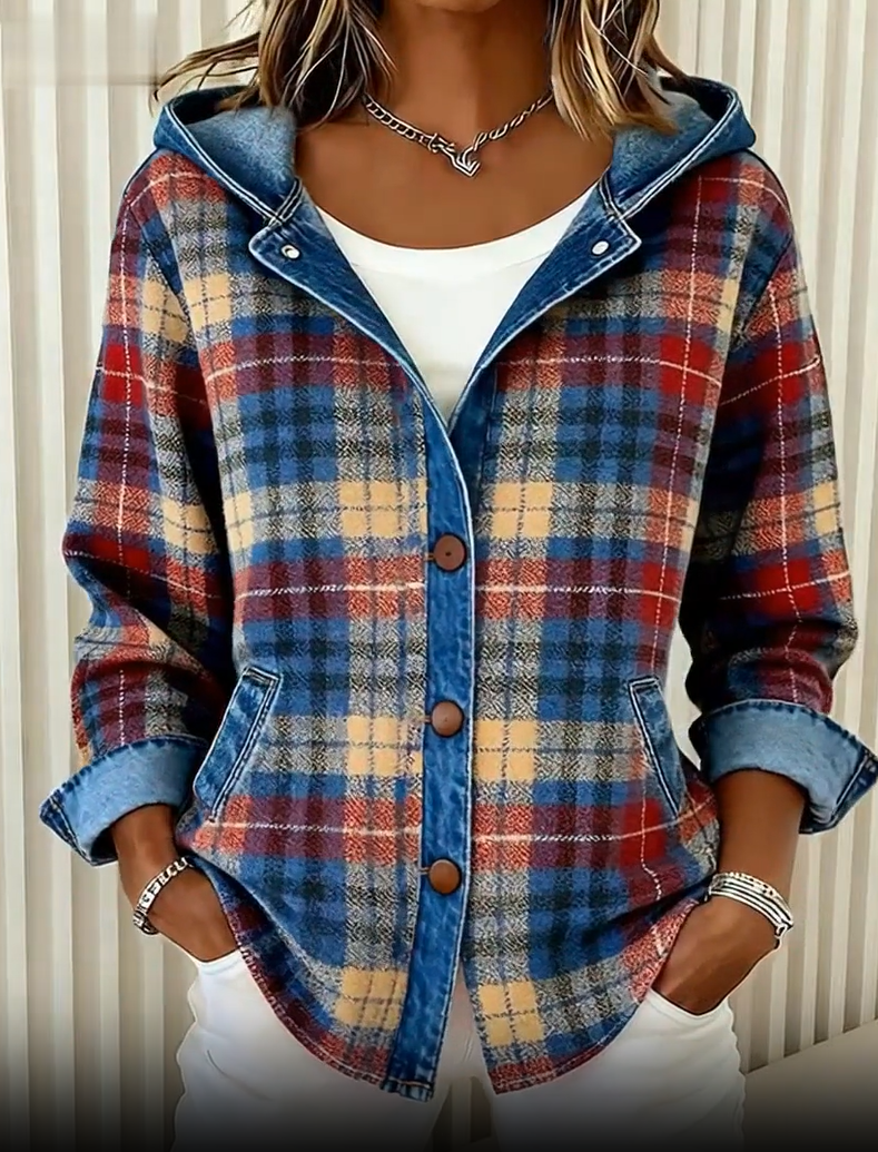 Nadrina - Denim Jacket with Hood and Contrasting Check Pattern