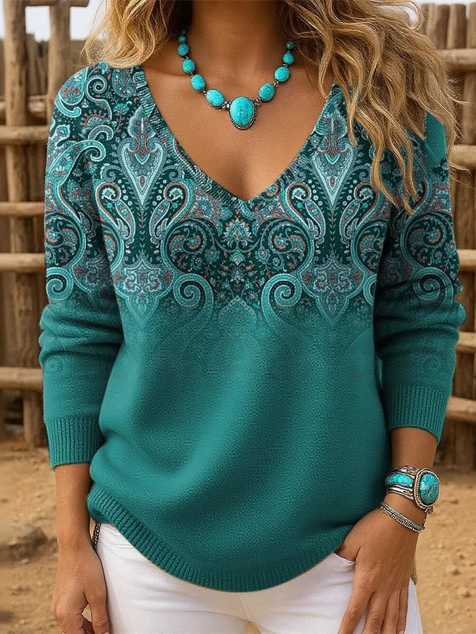 Gwenaliora - Bohemian Chic V-Neck Sweater