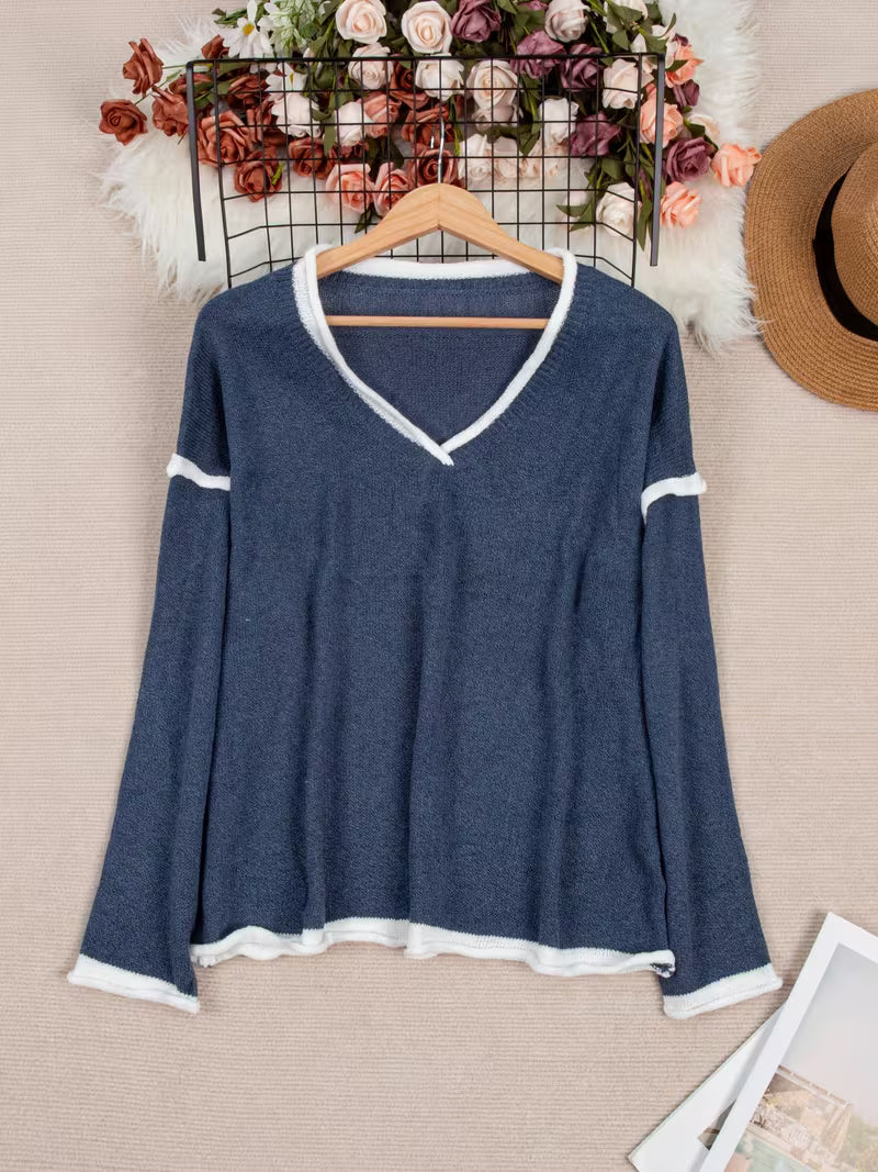 Gwenetta - Casual V-Neck Long Sleeve Sweater