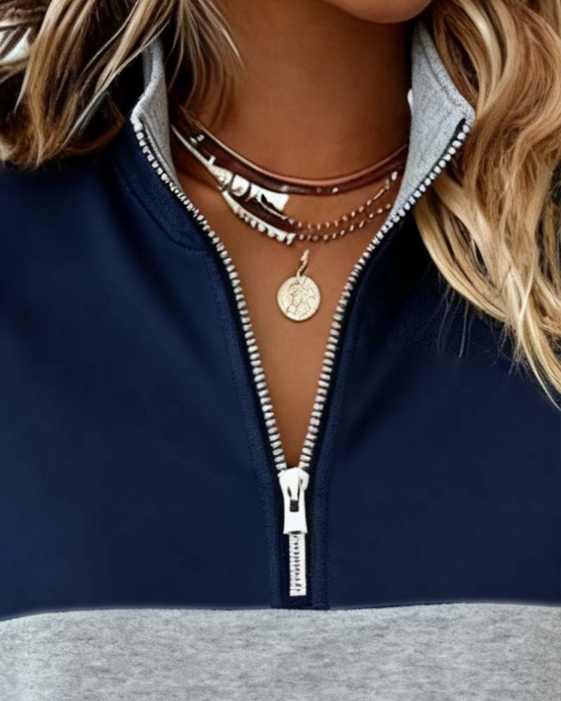 Dorinavelle - Colorblock Zip-Up Sweatshirt for Casual Comfort