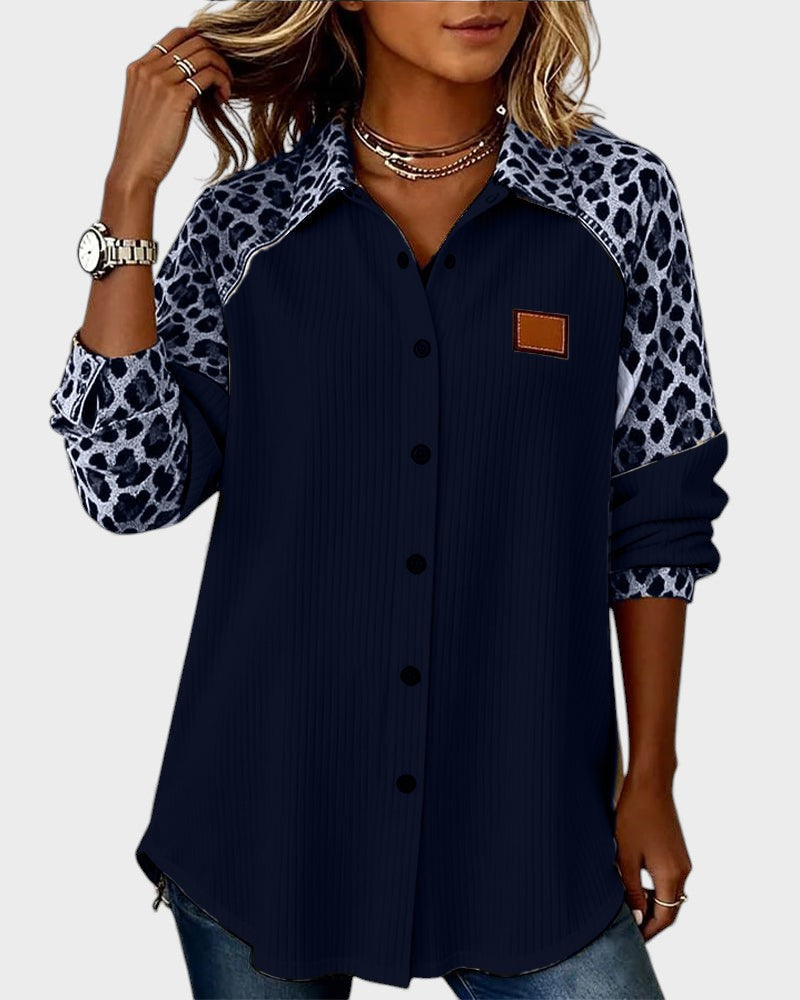 Oralynesse - Two-Tone Button-Down Shirt with Leopard Print Details