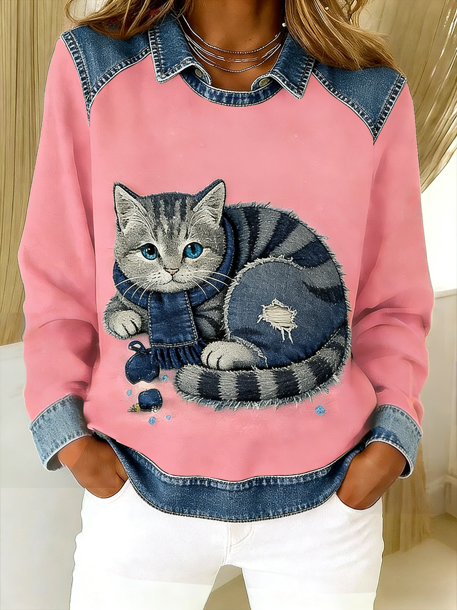 Oravellissa - Retro Patchwork Denim Sweatshirt