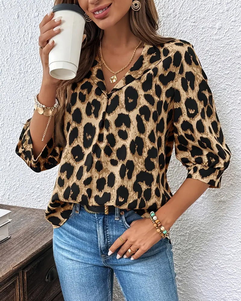 Astoria - Leopard Print Oversized Mid-Length Sleeve Blouse