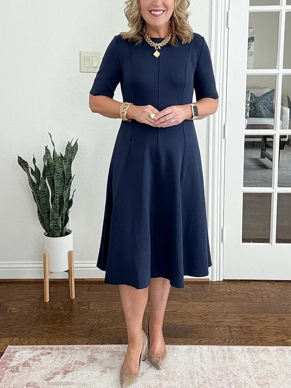 Quirinae - Elegant Midi Dress with Flared Cut and Sleeves