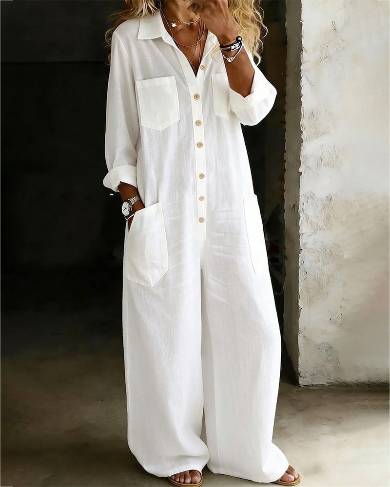 Ovyra - Women's white loose-fitting lightweight cotton elegant summer jumpsuit