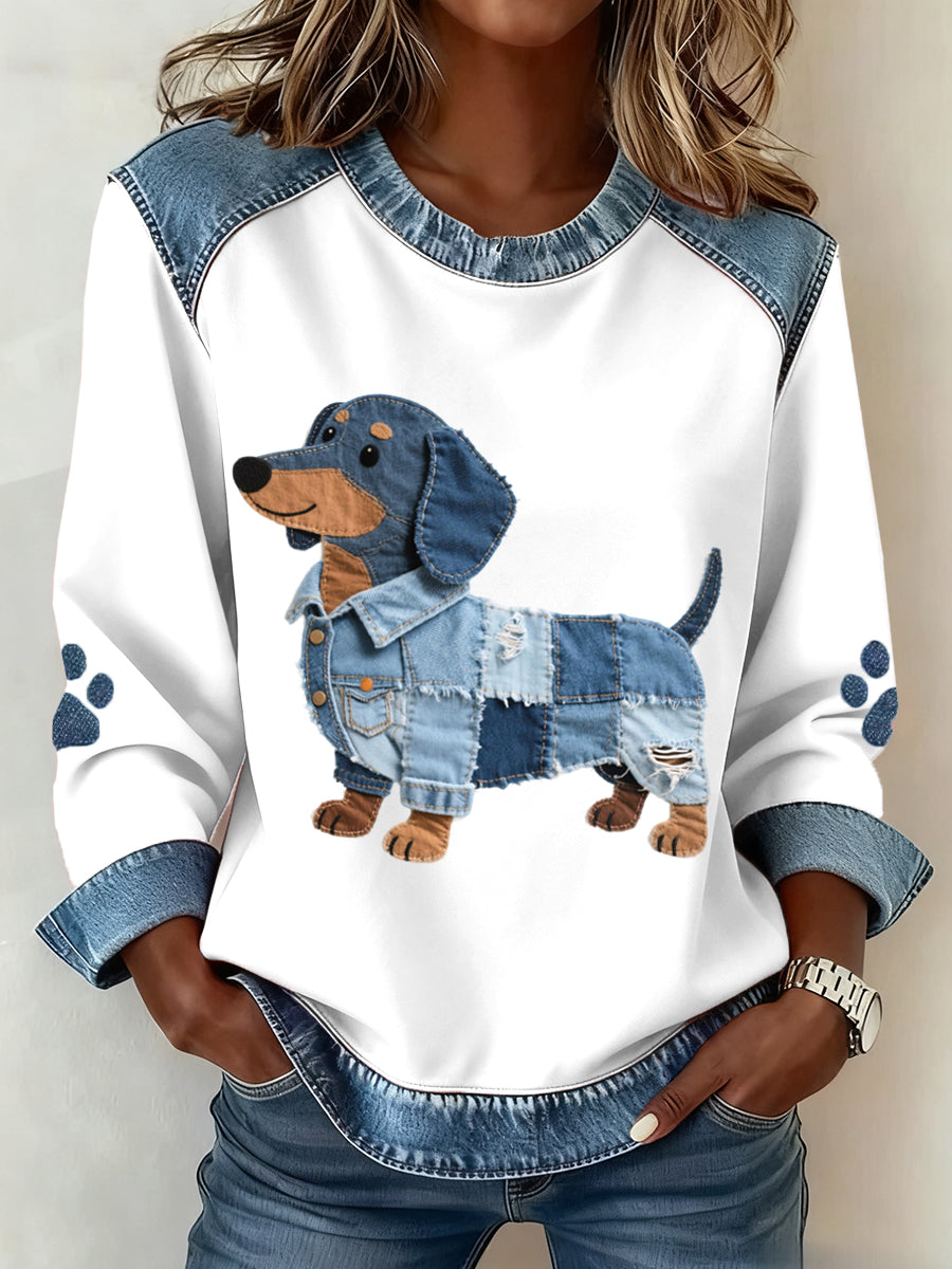 Karianesse - Patchwork Denim Sweatshirt with Dachshund Motif