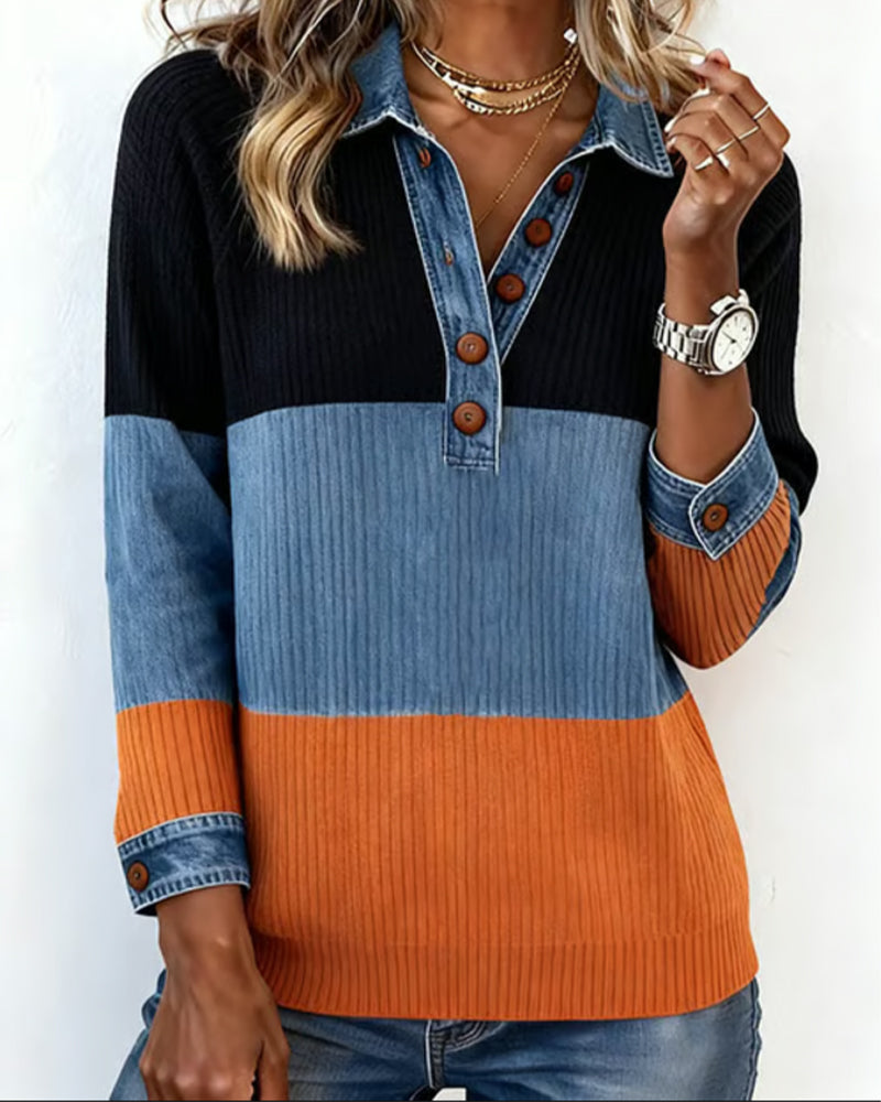 Fayriennea - Chic Contrasting Top with Lapel Collar