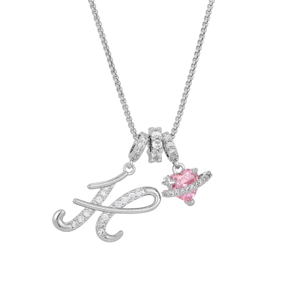 Carmelle - Initial Necklace with Sparkling Pink Heart