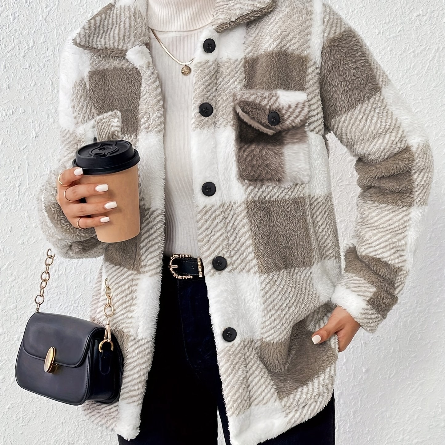 Doreline - Veste d’Hiver en Peluche à Imprimé Carreaux