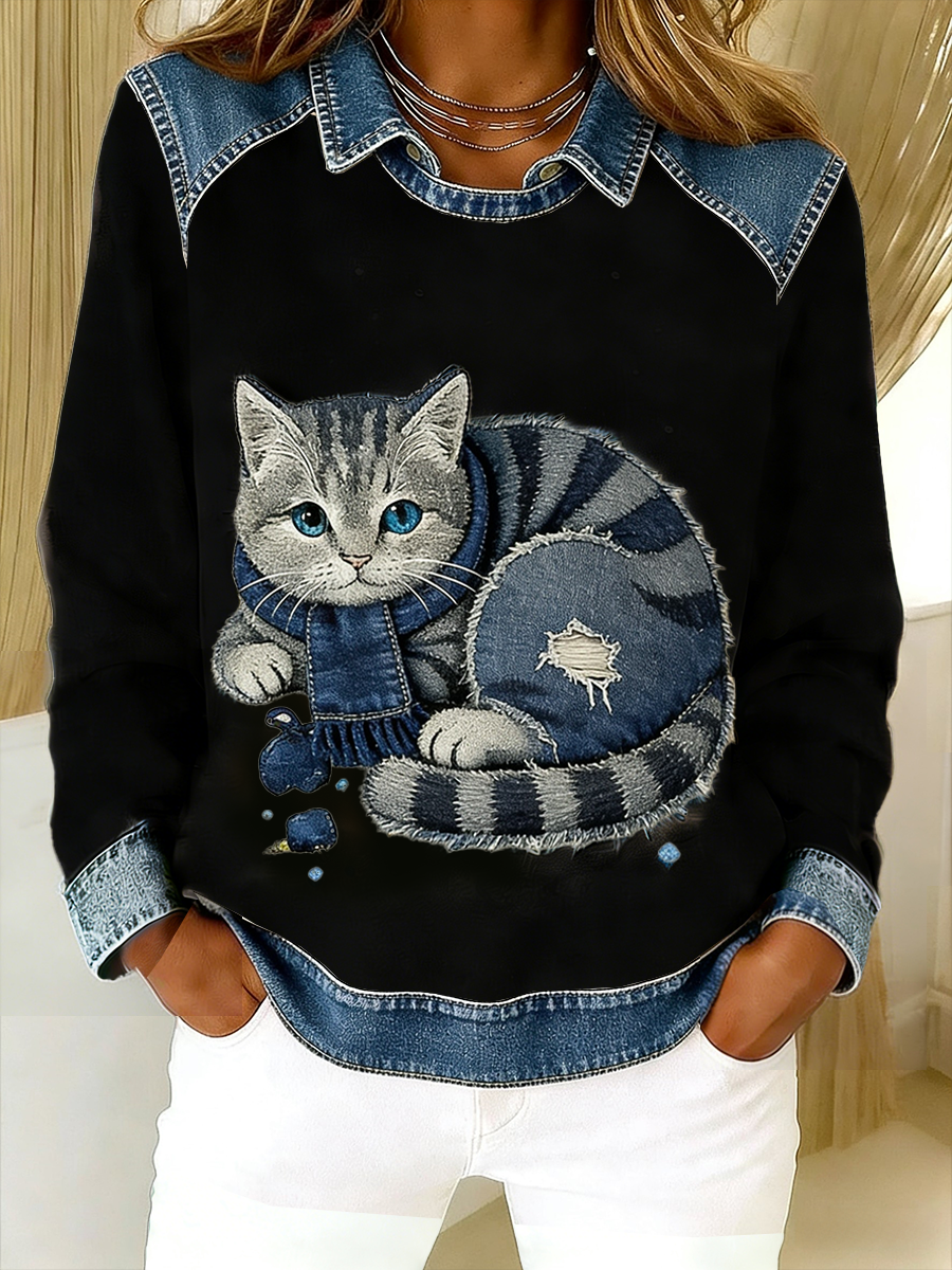 Oravellissa - Retro Patchwork Denim Sweatshirt