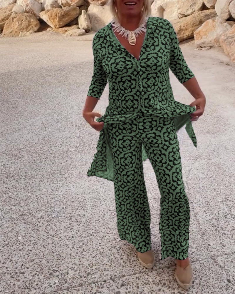 Livia - Ensemble Vintage Imprimé avec Revers et Boutons