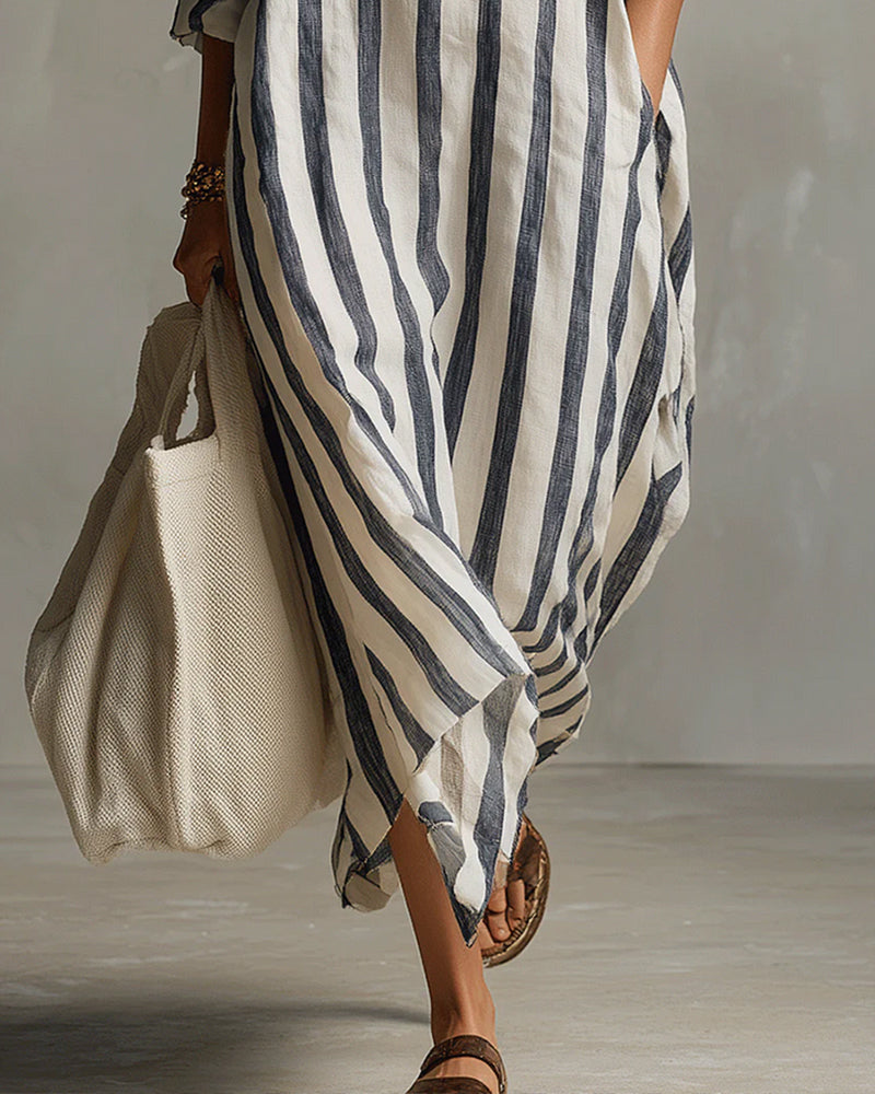 Avenira - Casual Chic Striped Maxi Dress with Notched Collar